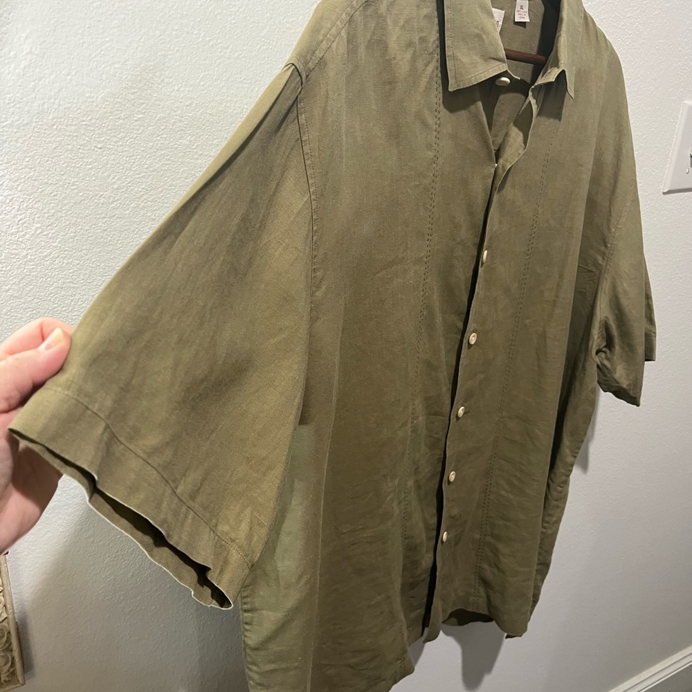 CARIBBEAN 100% LINEN MEN’S GREEN KHAKI BUTTON DOWN SHORT SLEEVE SHIRT SIZE XL - Picture 5 of 10
